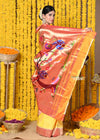 Shop Handloom Pure Silk Muniya Border Saree With Handcrafted Peacock Pallu in Yellow