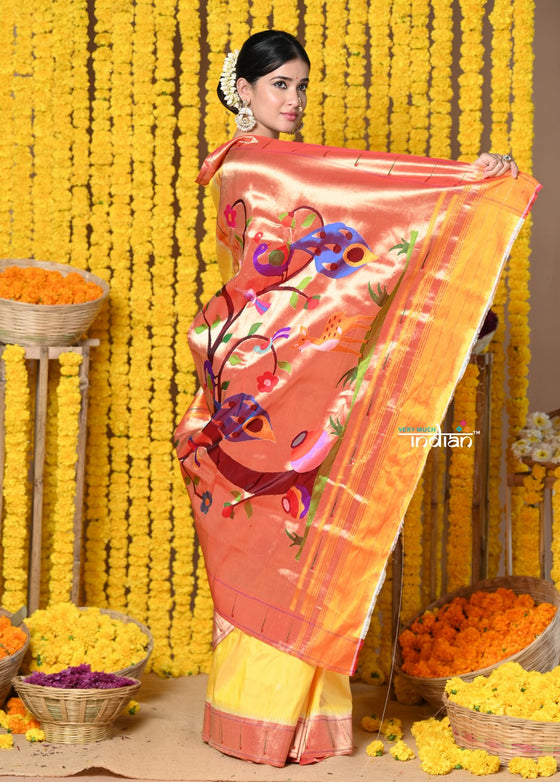 Shop Handloom Pure Silk Muniya Border Saree With Handcrafted Peacock Pallu in Yellow