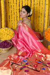 Rajsi~ Handloom Pure Silk Muniya Border Saree WIth Handcrafted Peacock Pallu in Pink