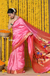 Rajsi~ Handloom Pure Silk Muniya Border Saree WIth Handcrafted Peacock Pallu in Perfect Pastel Pink (Shipping in 25 days)