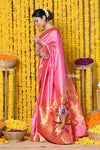 Rajsi~ Handloom Pure Silk Muniya Border Saree WIth Handcrafted Peacock Pallu in Pink