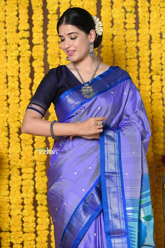 Handloom Pure Silk Paithani Saree WIth Handcrafted Peacock Pallu in Lavender Bloom