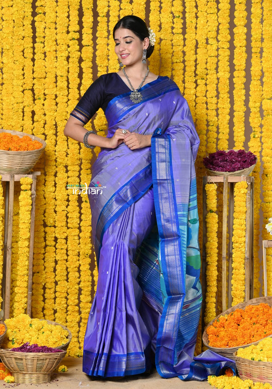 Shop Handloom Pure Silk Paithani Saree WIth Handcrafted Peacock Pallu in Lavender Bloom