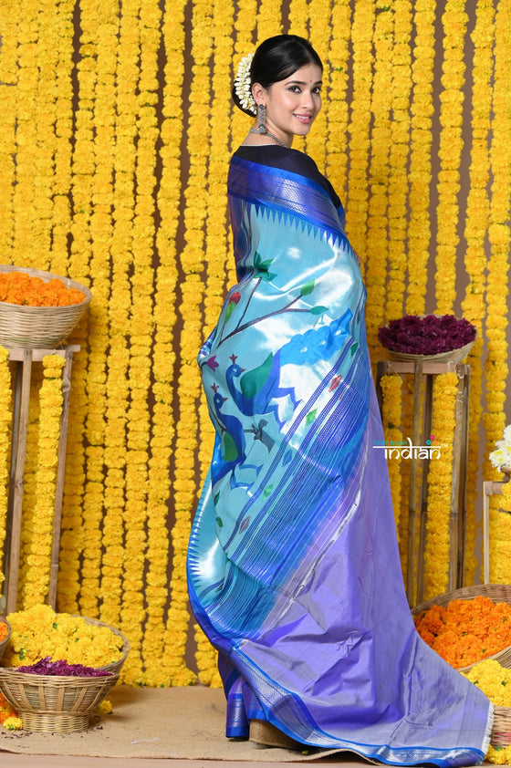 Shop Handloom Pure Silk Paithani Saree WIth Handcrafted Peacock Pallu in Lavender Bloom