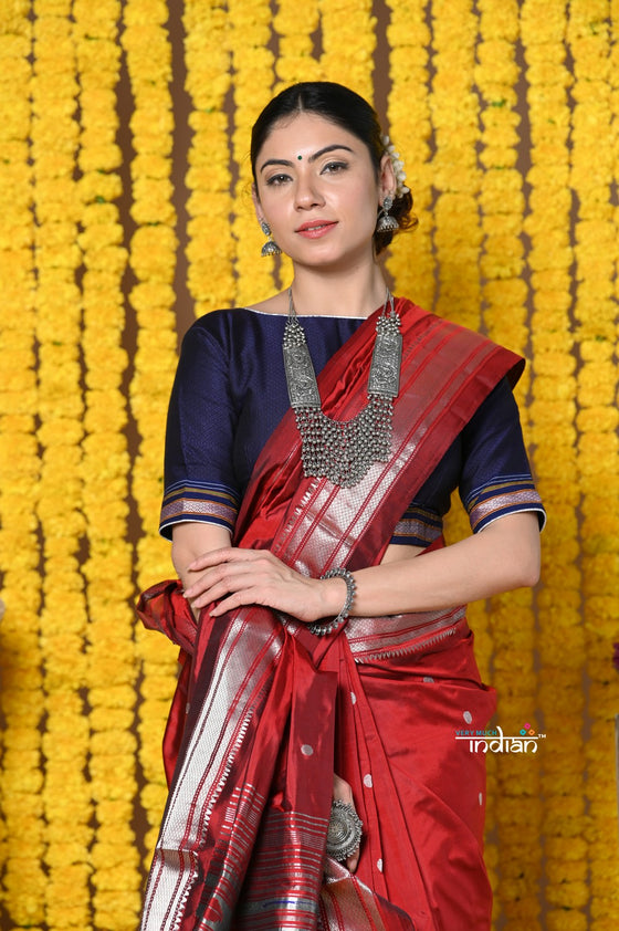 Handloom Pure Silk Paithani Saree WIth Handcrafted Nath Pallu in Maroon