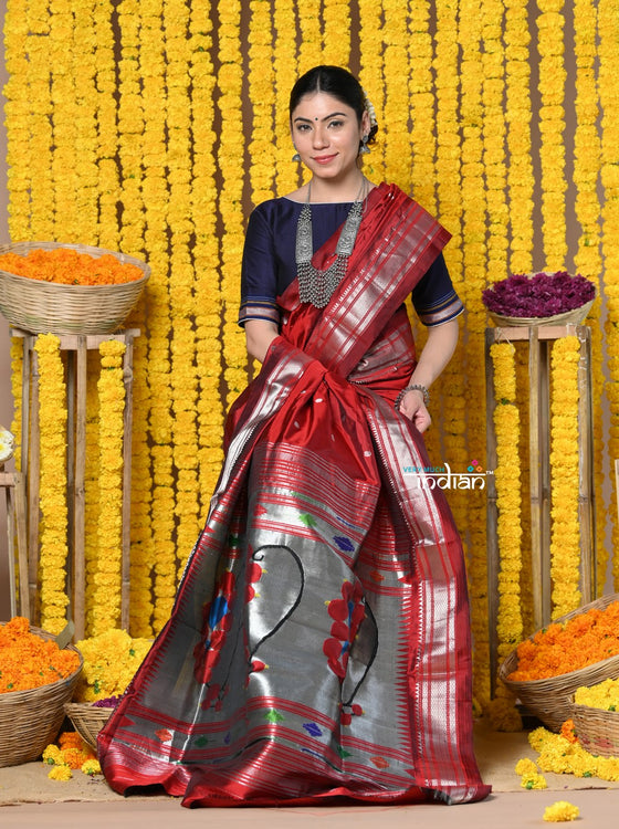 Rajsi~ Handloom Pure Silk Paithani Saree WIth Handcrafted Nath Pallu in Maroon