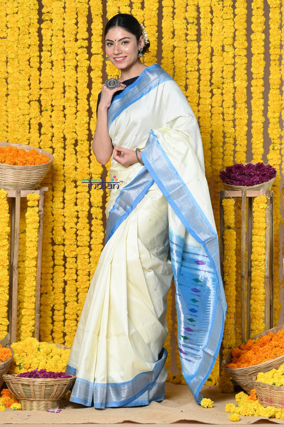 Rajsi~ Handloom Pure Silk Silver Zari Paithani Saree WIth Handcrafted Traditional Double Pallu in White and Blue