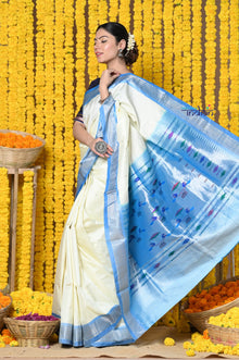  Handloom Pure Silk Silver Zari Paithani Saree WIth Handcrafted Traditional Double Pallu in White and Blue
