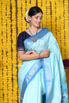 Rajsi~ Handloom Pure Silk Silver Zari Paithani Saree WIth Handcrafted Traditional Double Pallu in Sky Blue