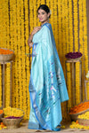 Rajsi~ Handloom Pure Silk Silver Zari Paithani Saree WIth Handcrafted Traditional Double Pallu in Sky Blue