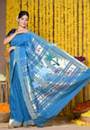 Rajsi~ Handloom Pure Cotton Muniya Border Saree WIth Handcrafted Pichwai Pallu in Cerulean Blue