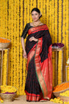 Rajsi~ Handloom Pure Silk Paithani Saree WIth Handbandhani and Most Traditional Tawa Pallu in Black