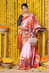 Rajsi~ Exclusive Handloom Pure Silk Half Over Paithani Muniya Border Saree WIth Handcrafted Peacock Pallu in Peach