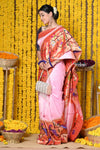 Rajsi~ Exclusive Handloom Pure Silk Half Over Paithani Muniya Border Saree WIth Handcrafted Peacock Pallu in Peach