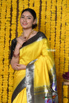 Buy  Handloom Pure Silk Muniya Border Saree WIth Silver Zari Stripes in Yellow