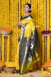 Shop  Handloom Pure Silk Muniya Border Saree WIth Silver Zari Stripes in Yellow