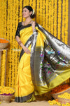  Handloom Pure Silk Muniya Border Saree WIth Silver Zari Stripes in Yellow