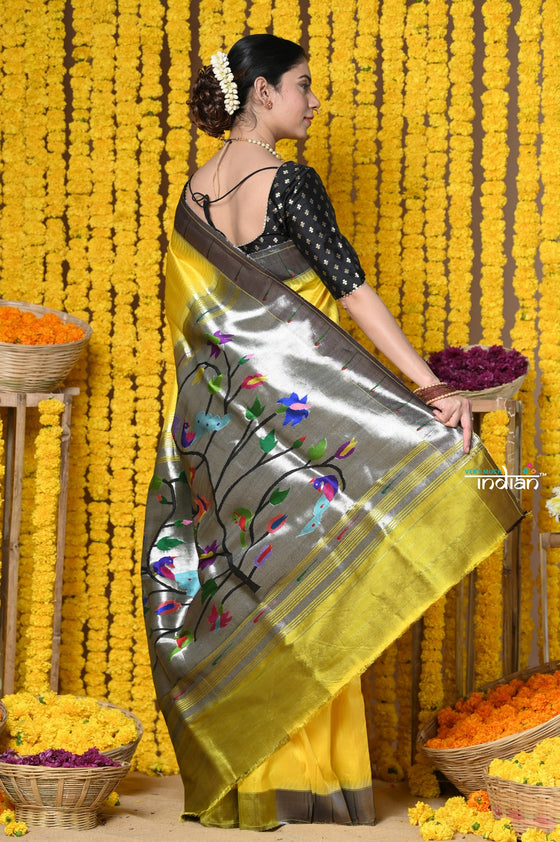  Handloom Pure Silk Muniya Border Saree WIth Silver Zari Stripes in Yellow