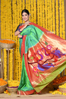  Rajsi~ Handloom Pure Silk Muniya Border Saree WIth Handcrafted Peacock Pallu in Cyan Green