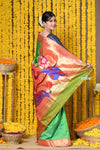 Rajsi~ Handloom Pure Silk Muniya Border Saree WIth Handcrafted Peacock Pallu in Cyan Green