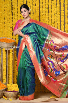  Handloom Pure Silk Muniya Border Saree With Handcrafted Peacock Pallu in Dark Green