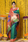 Rajsi~ Handloom Pure Silk Muniya Border Saree With Handcrafted Peacock Pallu in Dark Green