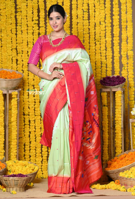 Designed by VMi! Handloom Triple Muniya Border Saree With Heritage Asawali  Pallu in Light Green (Top Quality Silk) Woven by Senior most artist