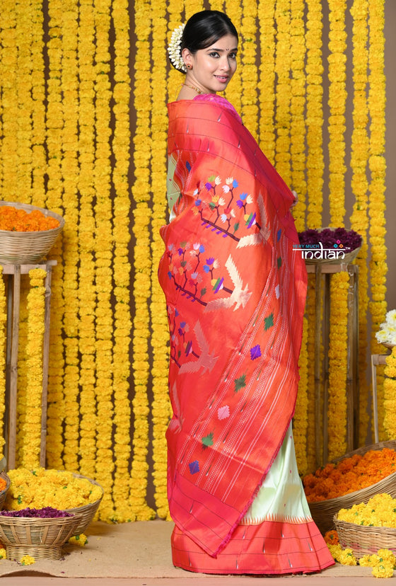 Rajsi~ VMI Heritage! Handloom Triple Muniya Border Saree With Heritage Asawali  Pallu in Light Green (Top Quality Silk) Woven by Senior most artist
