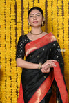 Rajsi~ Handloom Pure Silk Paithani Muniya Border Saree WIth Handcrafted Parrot Pallu in Black