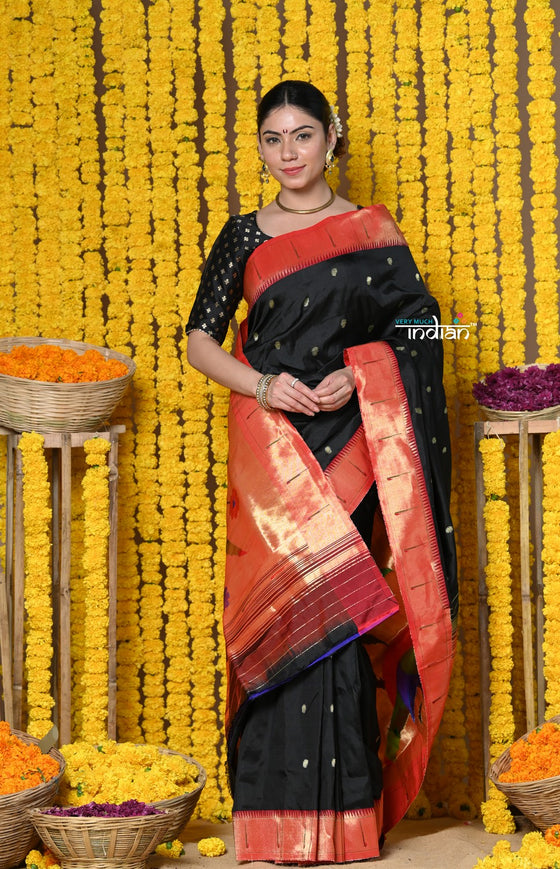 Rajsi~ Handloom Pure Silk Paithani Muniya Border Saree WIth Handcrafted Parrot Pallu in Black