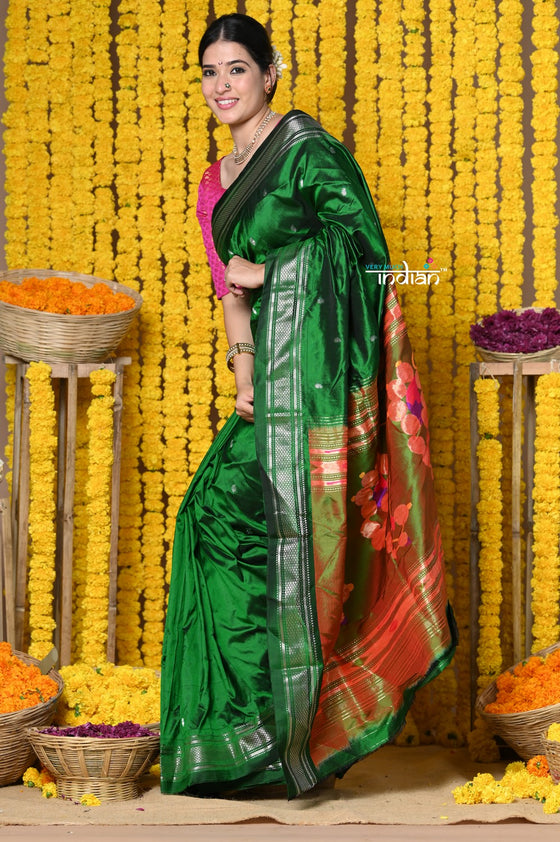 Rajsi~Handloom High Quality Pure SIlk Paithani With Traditional Nath Pallu~Green