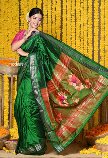  Handloom High Quality Pure SIlk Paithani With Traditional Nath Pallu~Green