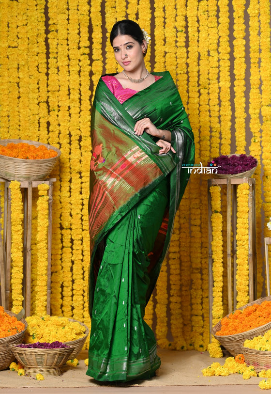 Buy Handloom High Quality Pure SIlk Paithani With Traditional Nath Pallu~Green