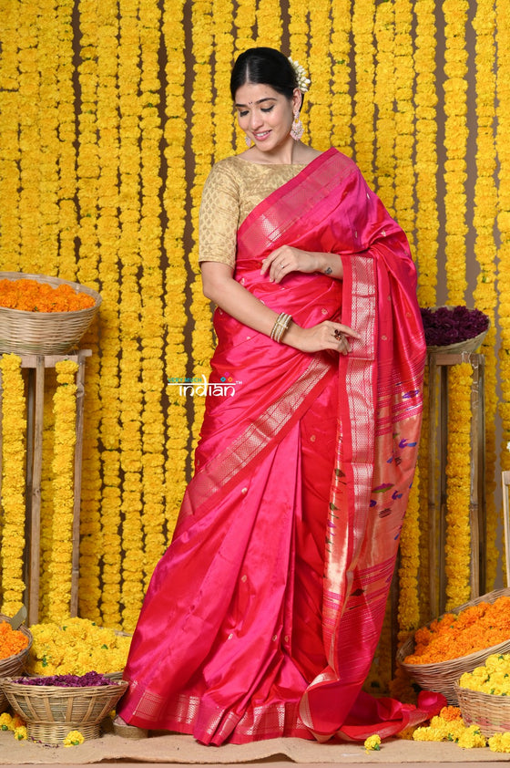 Buy Handloom Pure Silk Paithani Saree with Most Traditional Double Pallu in Beautiful Pink Bloom
