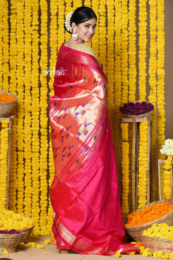Rajsi~ Handloom Pure Silk Paithani Saree with Most Traditional Double Pallu in Beautiful Pink Bloom