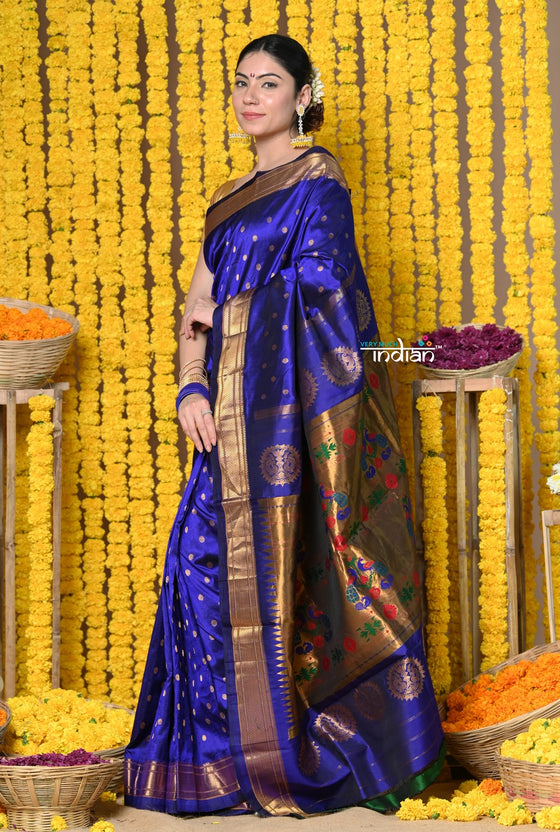 Rajsi~ Handloom Pure Silk Maharani Paithani With Handcrafted Traditional Maharani Pallu~ Royal Blue