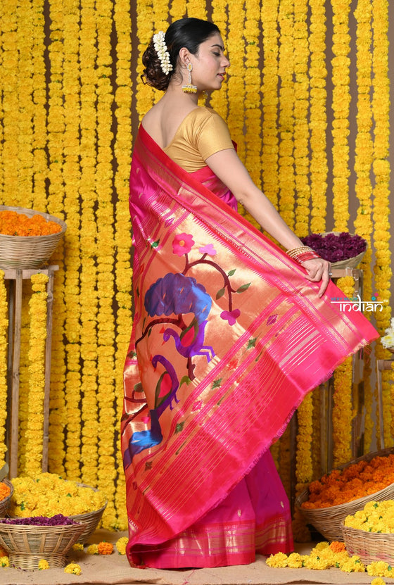 Rajsi~ Handloom Pure Silk Paithani Saree with Handcrafted Peacock Pallu in Pink
