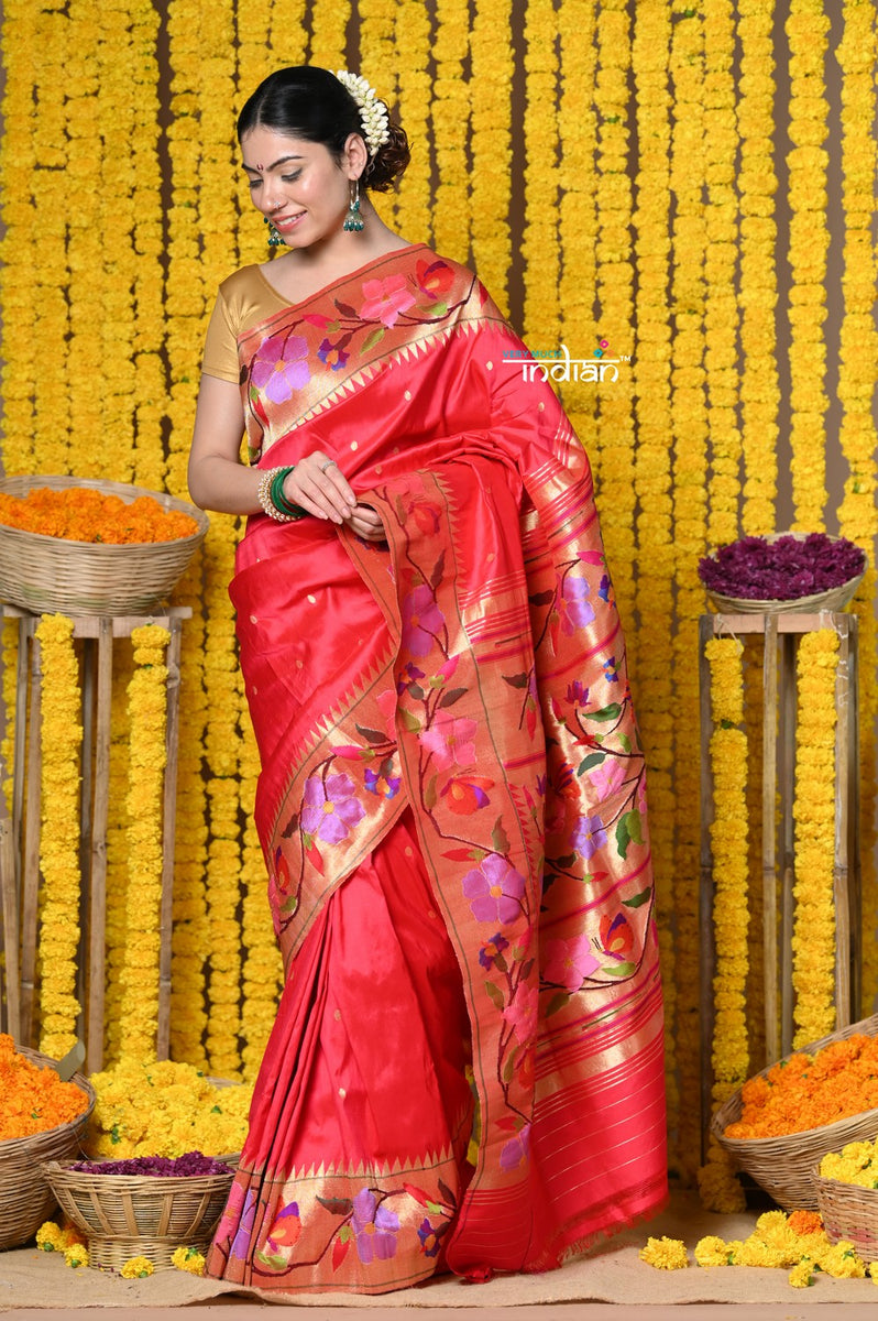 Rani Red Heavy Zari Floral Saree with Embellished Paisley Border & Grand Pallu main image 0