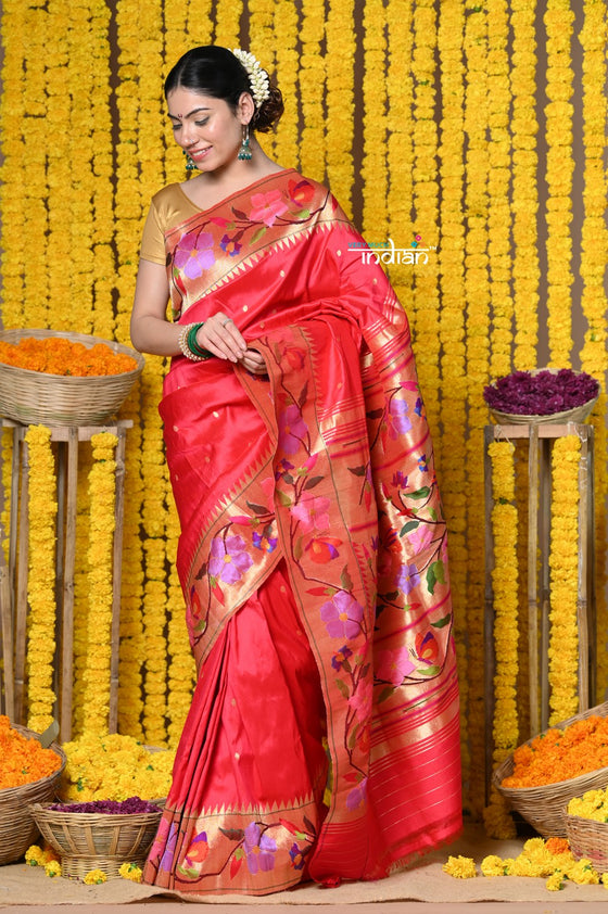 Rajsi~ VMI Heritage Design! Handloom Pure Silk Floral Border Paithani Saree WIth Handcrafted Floral Zari Pallu in Red