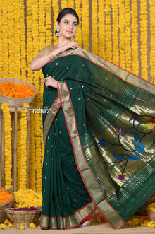  Rajsi~Handloom Pure Cotton Paithani With Peacock Pallu~ Dark Green