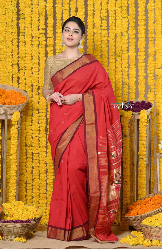 Rajsi~Handloom Pure Cotton Paithani With Asawali Pallu~ Red