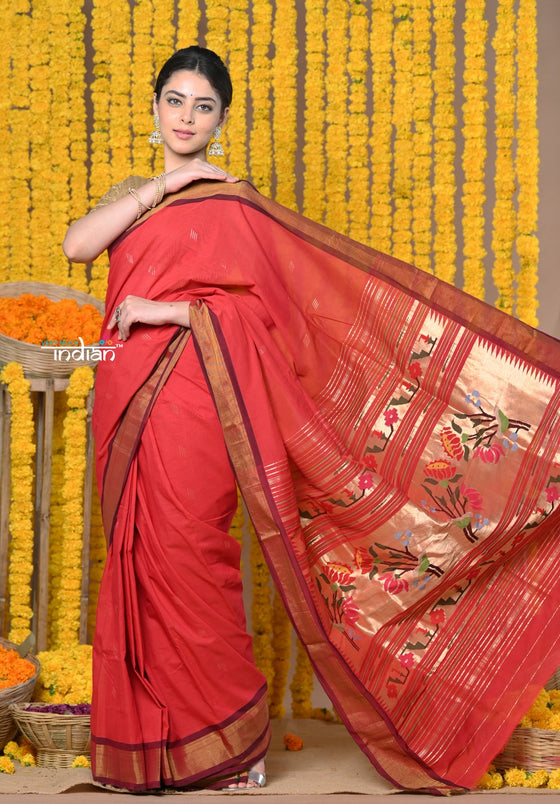 Rajsi~Handloom Pure Cotton Paithani With Asawali Pallu~ Red