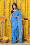 Rajsi~Handloom Pure Cotton Paithani With Asawali Pallu~Cerrulean Blue