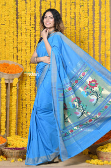  Rajsi~Handloom Pure Cotton Paithani With Asawali Pallu~Cerrulean Blue