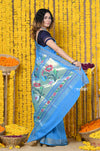 Rajsi~Handloom Pure Cotton Paithani With Asawali Pallu~Cerrulean Blue