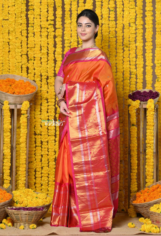Rajsi~ EXCLUSIVE! Handloom Pure Silk Gadwal Saree Handcrafted Zari Pallu in Orange Pink