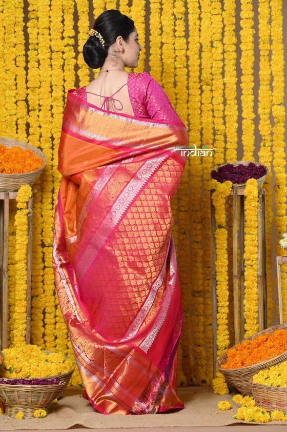 Rajsi~ EXCLUSIVE! Handloom Pure Silk Gadwal Saree Handcrafted Zari Pallu in Orange Pink