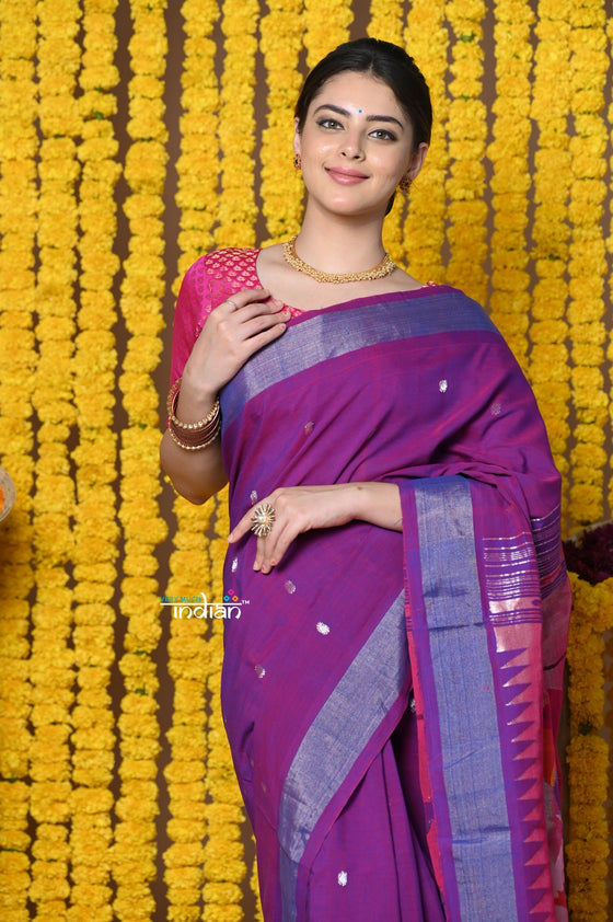 Rajsi~Handloom Pure Cotton Paithani With Radha Krishna Pallu~Dual Tone Purple