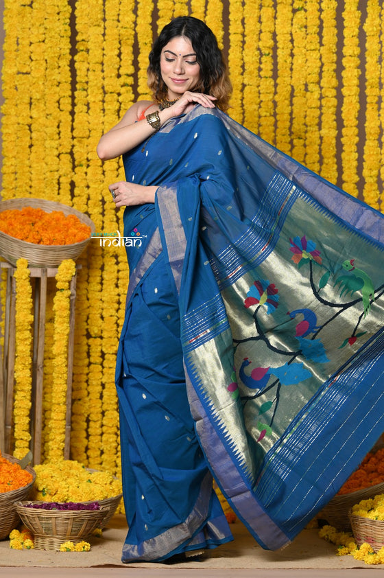 Rajsi~Handloom Pure Cotton Paithani With Peacock Pallu~Teal Blue