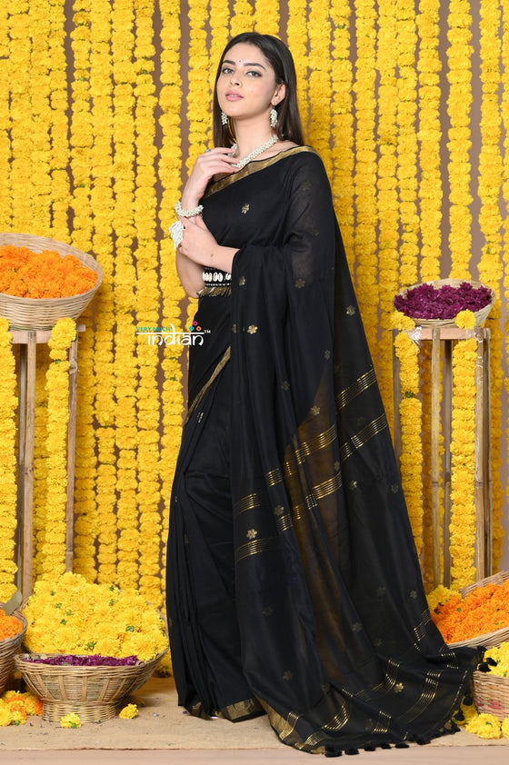 Rajsi~Designed by VMI! High Quality Mul Cotton Handloom Woven Saree With Sleek Border in Black